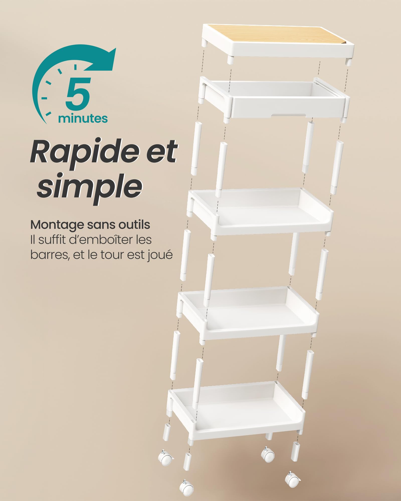 SONGMICS Chariot de Rangement, 4 Niveaux, Desserte sur roulettes, Étagère, avec Plateau Amovible et Tiroir, en Plastique, Montage Facile, Cuisine, Blanc et Doré Chêne BSC070W101