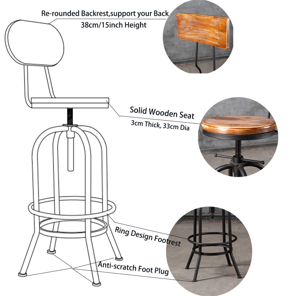 BOKKOLIK Set of 2Industrial Bar Stools with BackrestSwivel Wood Seat