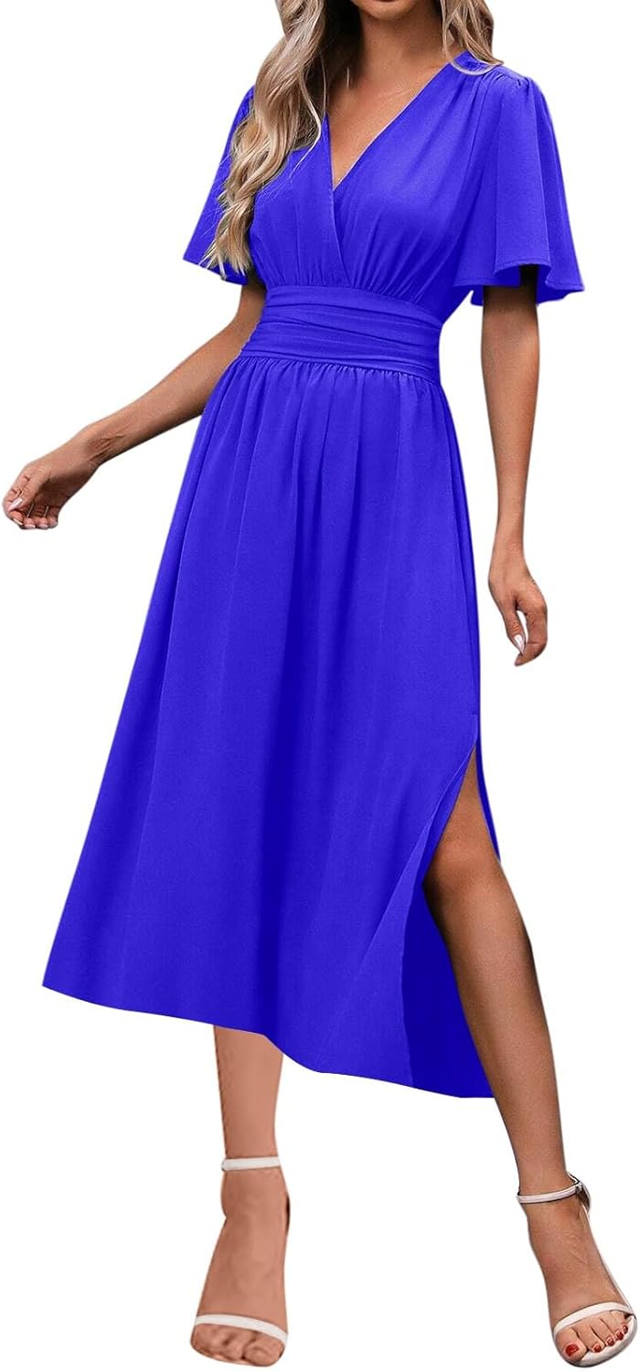 HGps8w Women's Summer Flutter Sleeve V-Neck Midi Dress Trendy Casual Ruched High Waist A-Line Flowy Beach Dresses