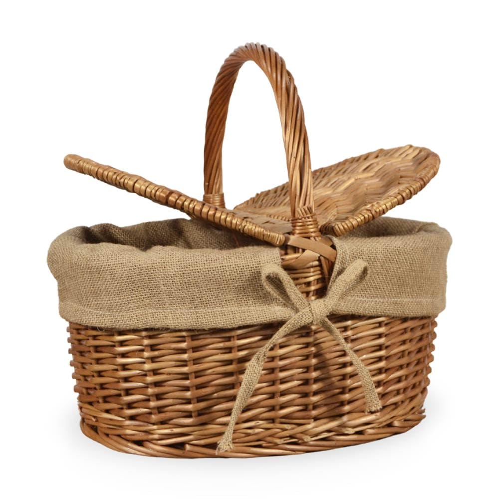 Cesto Picnic in Vimini e Juta con Coperchio e Manico 50x32 h42 cm — Cestino da Pic Nic per 2-4 Persone, Raccolta Funghi, Idea Regalo