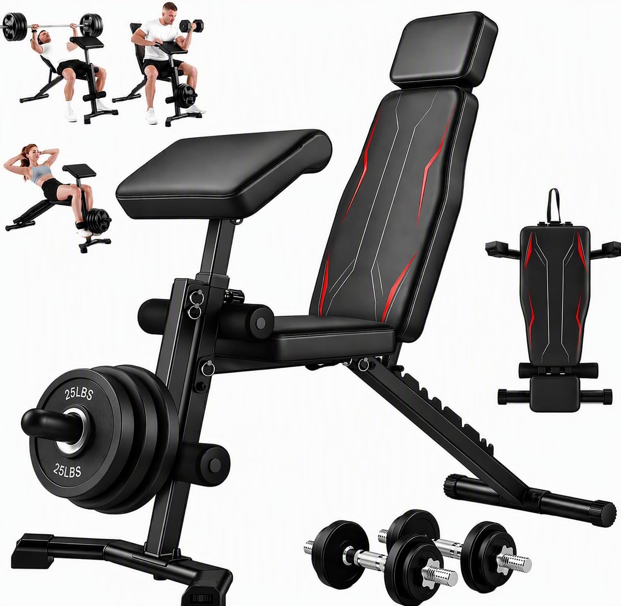 OPPSDECOR Adjustable Weight Bench, 800 LBS Foldable Workout Bench with Leg Extension & Preacher Curl, Extended Headrest, Incline Decline Flat, Heavy Duty Bench Press for Home Gym Strength Training