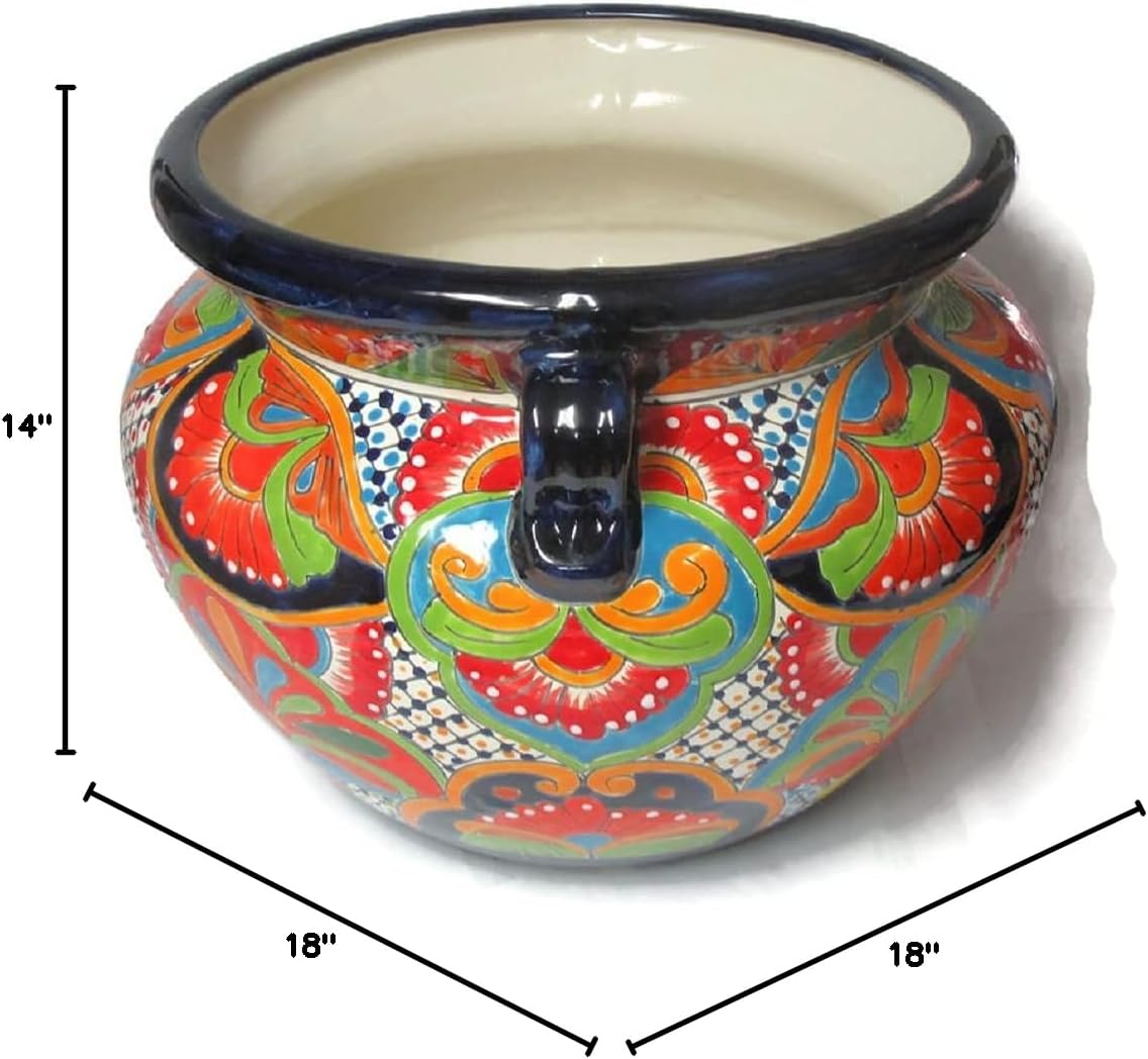 Michoacana Planter Large Hand Painted Pot Indoor Outdoor Multi Colored Glazed