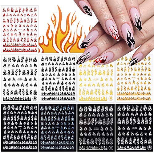 9 Sheets Flame Nail Stickers Decals, TOROKOM 3D Holographic Self-Adhesive
