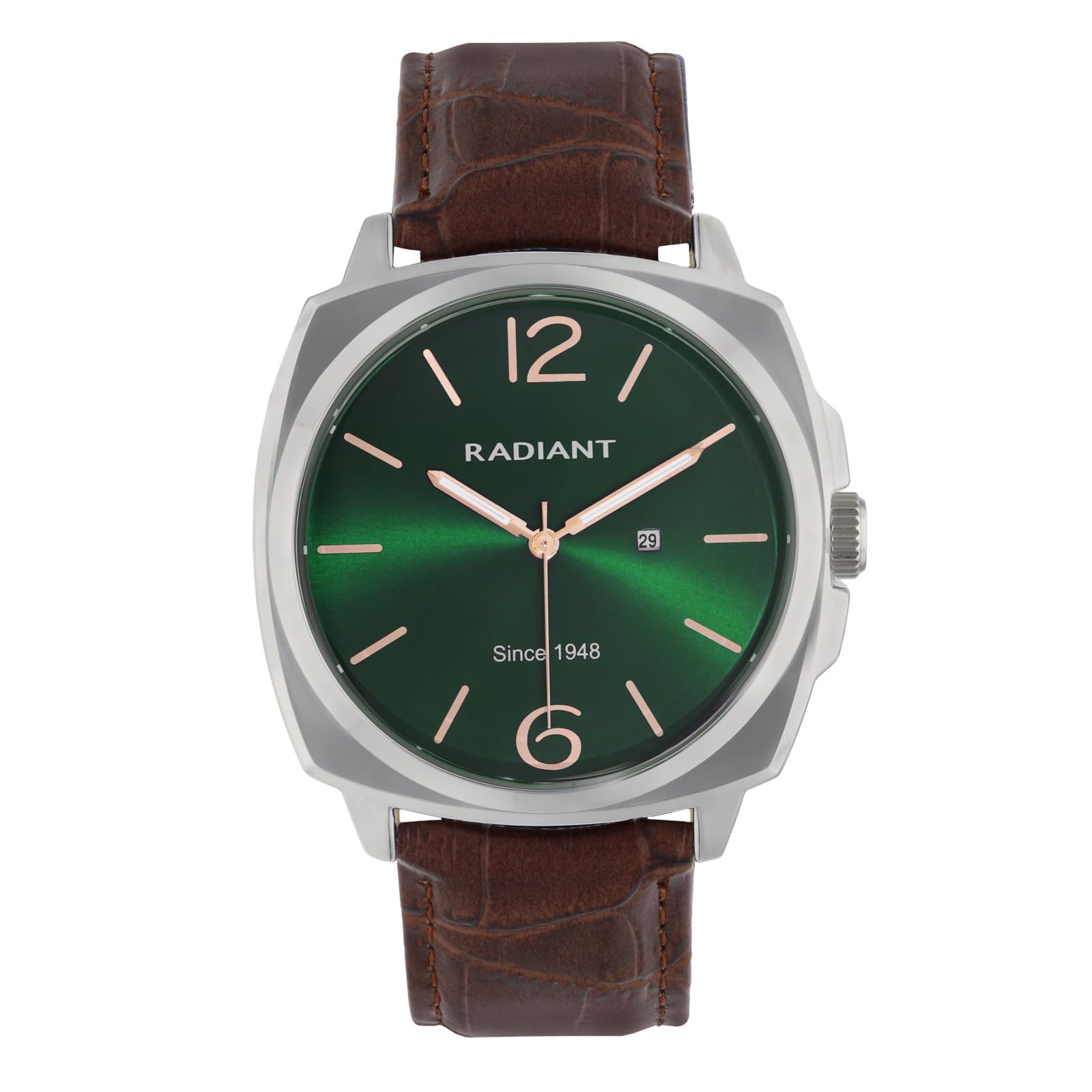 Radiant - Męski analogowy zegarek kwarcowy, stal nierdzewna, koperta 42 mm, skórzany pasek, normalna klamra, bateria w zestawie, kolor srebrny i szary, 5 ATM