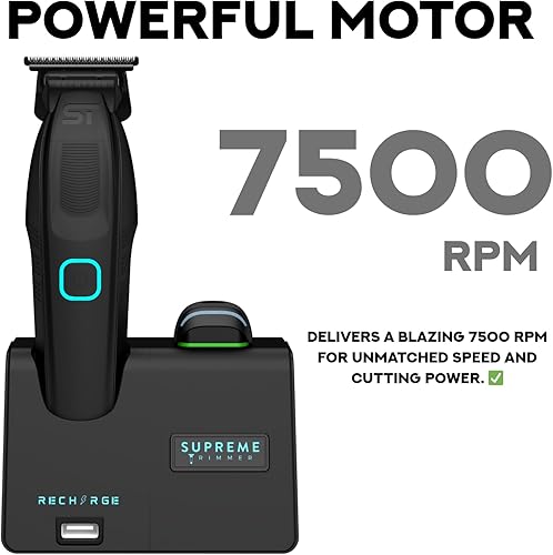 Miniatura 7 de Supreme Trimmer Recharge ST777 - Recortadora de barbero profesional con 2 baterías extraíbles  Motor de 8000 RPM, cuchillas DLC de espacio cero,