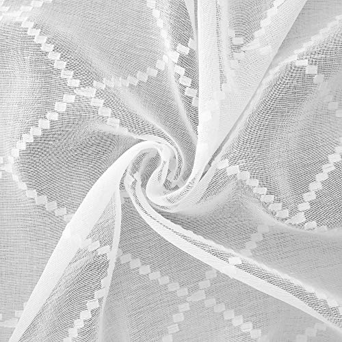 White Sheer Curtains 84 Inches Long For Bedroom Set 2 Panels Grommet Window Semi Voile Light Filtering Drape Embroidered Trellis Pattern Textured White Design Curtains For Living Room Dining 84 Length #TOP4