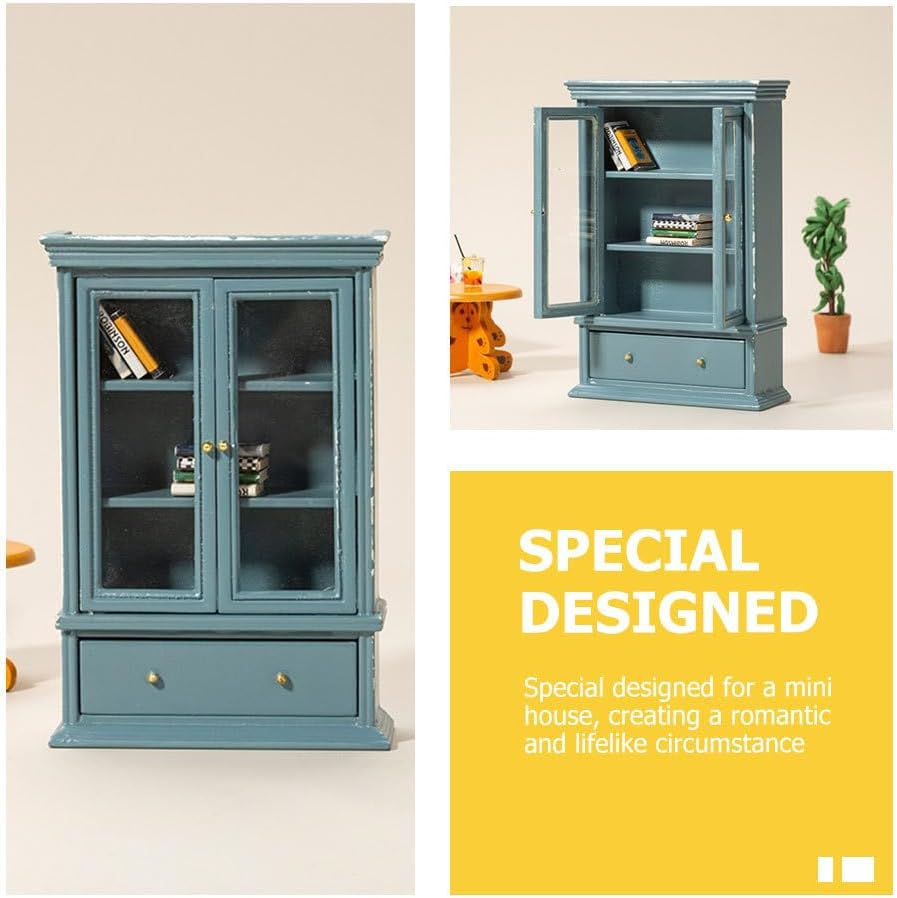 Abaodam Scale Mini Bookcase for Dollhouse Wooden Cabinet Model with Double Doors Blue Lifelike Miniature Furniture Accessory for DIY Doll House Decoration and Photo Props