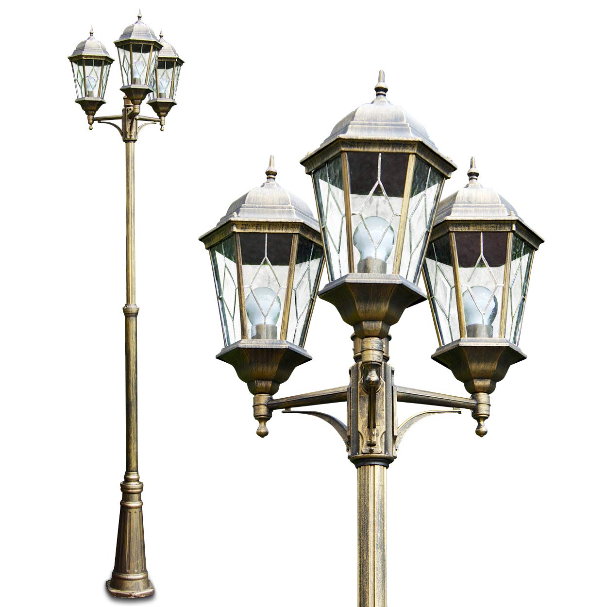 HOFSTEIN Kandelaber Hongkong, Außenwegeleuchte aus Metall/Glas in Braun/Goldfarben/Klar, Wegebeleuchtung 270 cm, 3 x E27, IP44, Wegeleuchte im Retro/Vintage-Design für Garten, Außenbereich, Hof