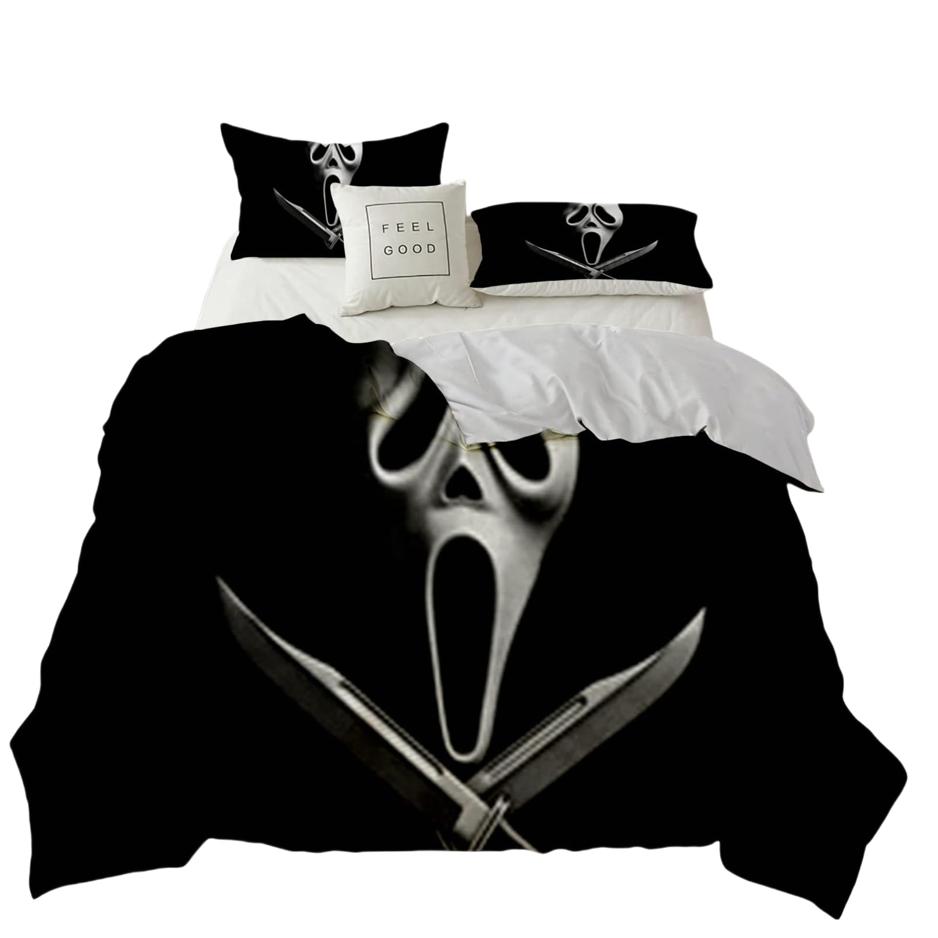 Dlaylqzg Black3 Horror Movie Halloween Skeleton Duvet Cover Black Cloak Of Death Scythe Spectre Bedding Set 3Pcs Microfiber Screaming Skull Mask Quilt Cover With 2 Pillowcase (,Single 135X200cm)