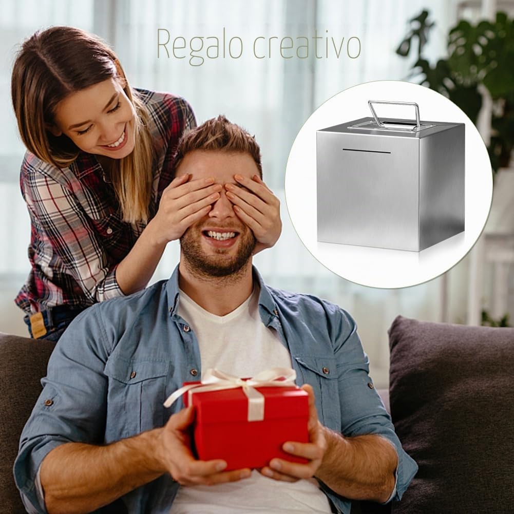 Salvadanaio per adulti in acciaio inox, salvadanaio sicuro per bambini, XXL, salvadanaio sicuro per riutilizzare, difficile da aprire, grande, con manico (argento)