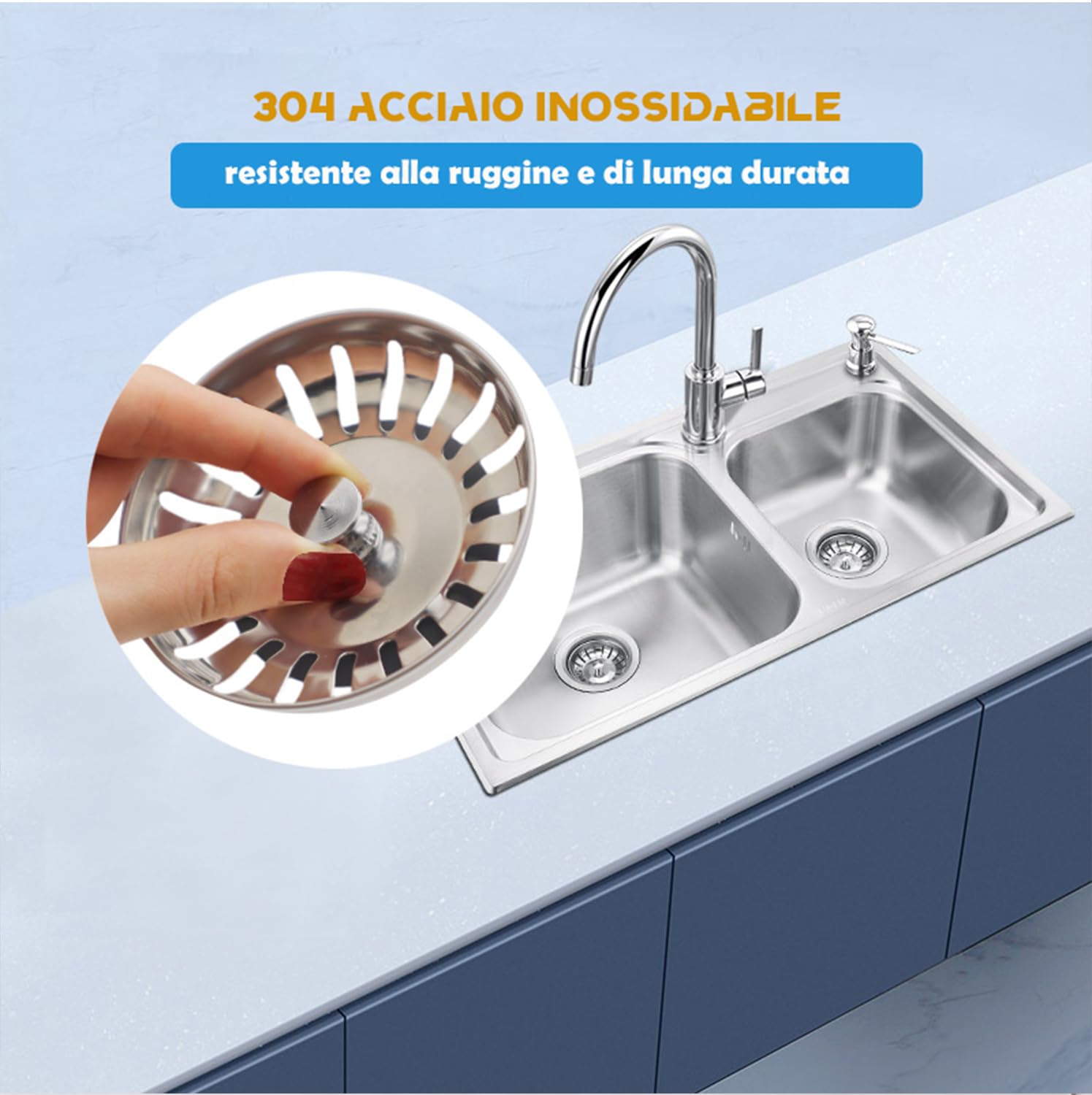 Tappo lavandino cucina - tappo lavello di cucina 80 mm Universale -Perni 25 e 30mm Inclusi - tappi lavandino cucina -filtro lavandino per cucina e una guarnizione