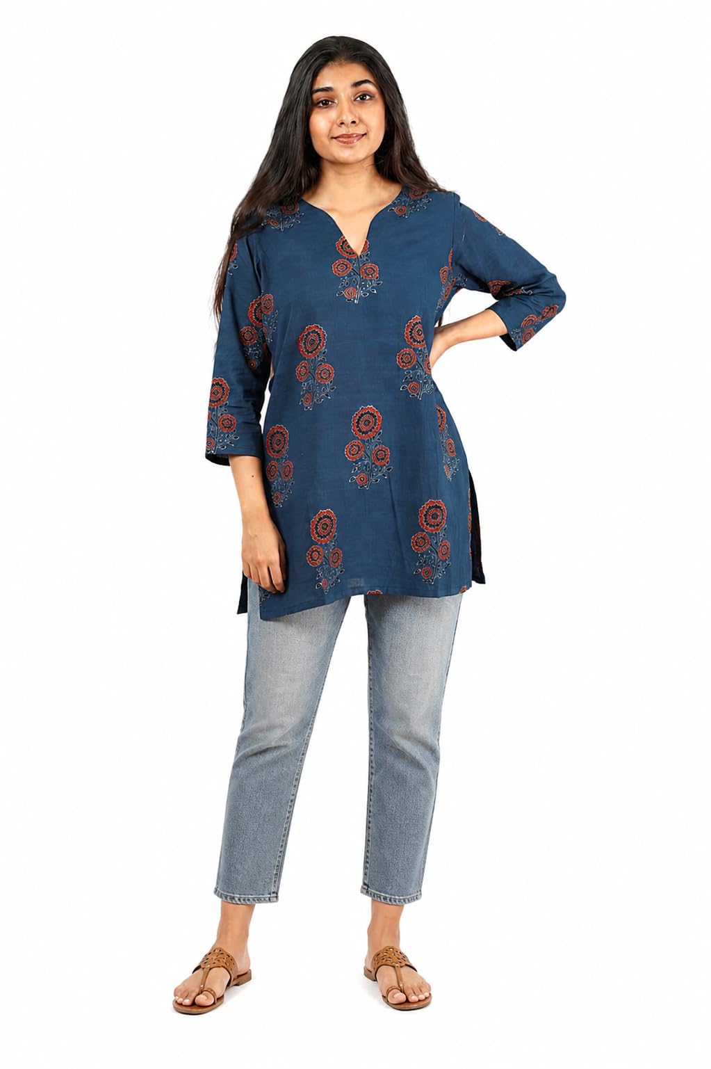 ak fashion mall Women's Cotton Blend Tunic, Blue, Ajrakh Floral Print, A-Line, 3/4 Sleeve, V-Neck, Hip Length, Free Size-picture-30