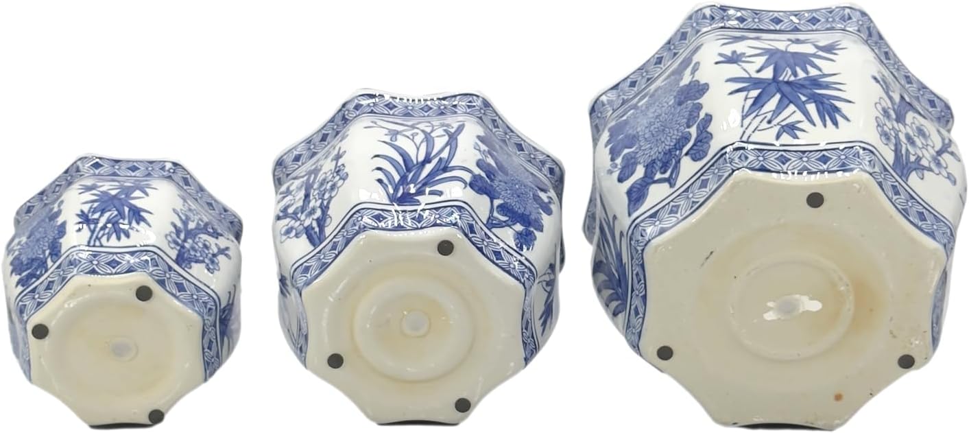 Galt International Blue & White Round Fluted Floral Palm Lotus Porcelain Ceramic Plant Flower Planter Pot Set of 3 (7.5", 10", 13") Garden Pots Chinese Asian Design