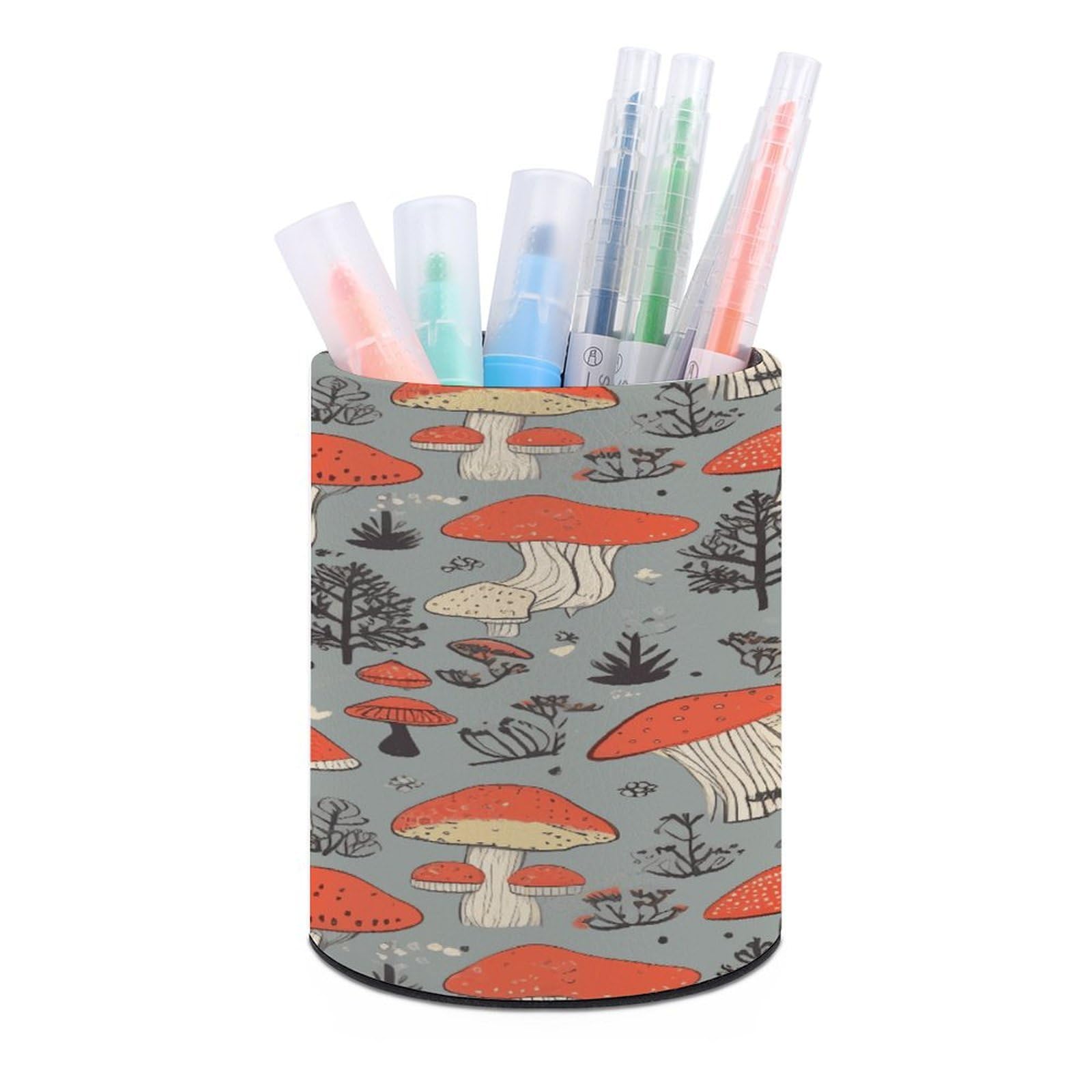LDGSUPH Mushroom Round Pen Holder Leather Pen Cup Pencil Cup Pen Organizer Pencil Holder for Desk Organizer Pencil Organizers Makeup Brush Holders for Home Office Gift