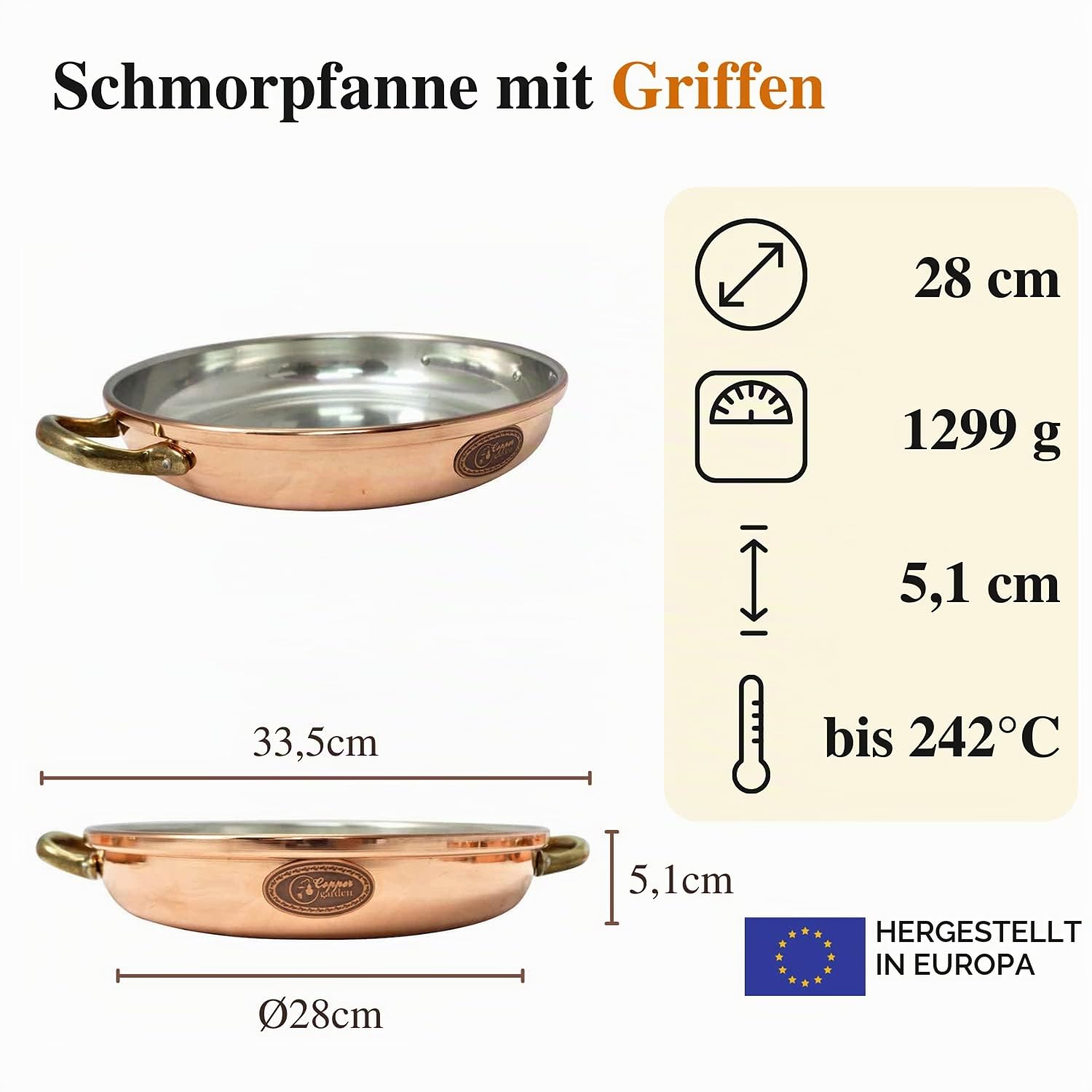 Copper Garden Kupfer Schmorpfanne 28 cm mit Griffen I lebensmittelecht verzinnt: Ideale Wärmeleitung/-verteilung I hoch & stabil zum Braten, Überbacken, Servieren etc.
