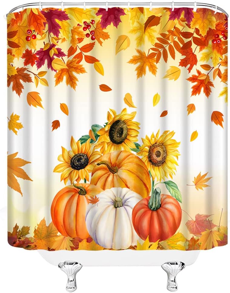 GCTNBJL Fall Pumpkin Maple Leaves Shower Curtain Autumn Thanksgiving Day Harvest Farmhouse Pumpkin Sunflower Falling Maple Leaves Rustic Country Style Bathroom Decor Fabric Curtain with Hooks