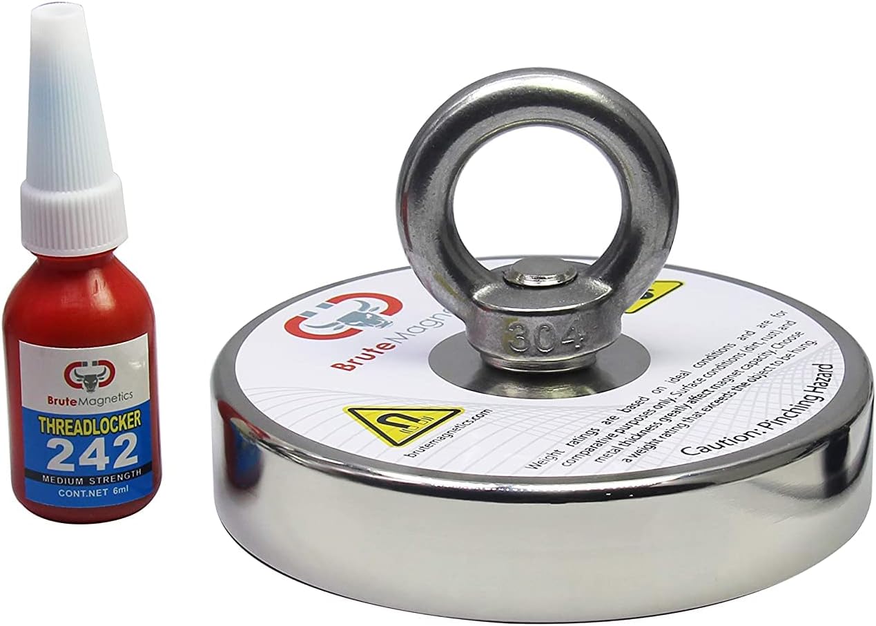 Brute Magnetics- 1500 lb Single Sided Fishing Magnet Bundle, Includes Strong Magnets for Fishing in Lakes or River, 4.7" Rare Earth Neodyminum Fishing Magnet, with Eyebolt and Threadlocker