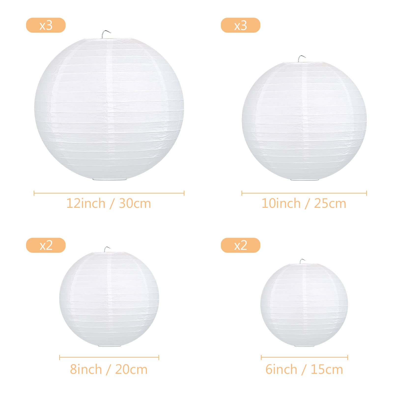 Encham 10PCS White Paper Lanterns, Chinese Lanterns for Wedding Birthday Valentine’s Day Party Decorations (Size of 6” 8” 10” 12”)