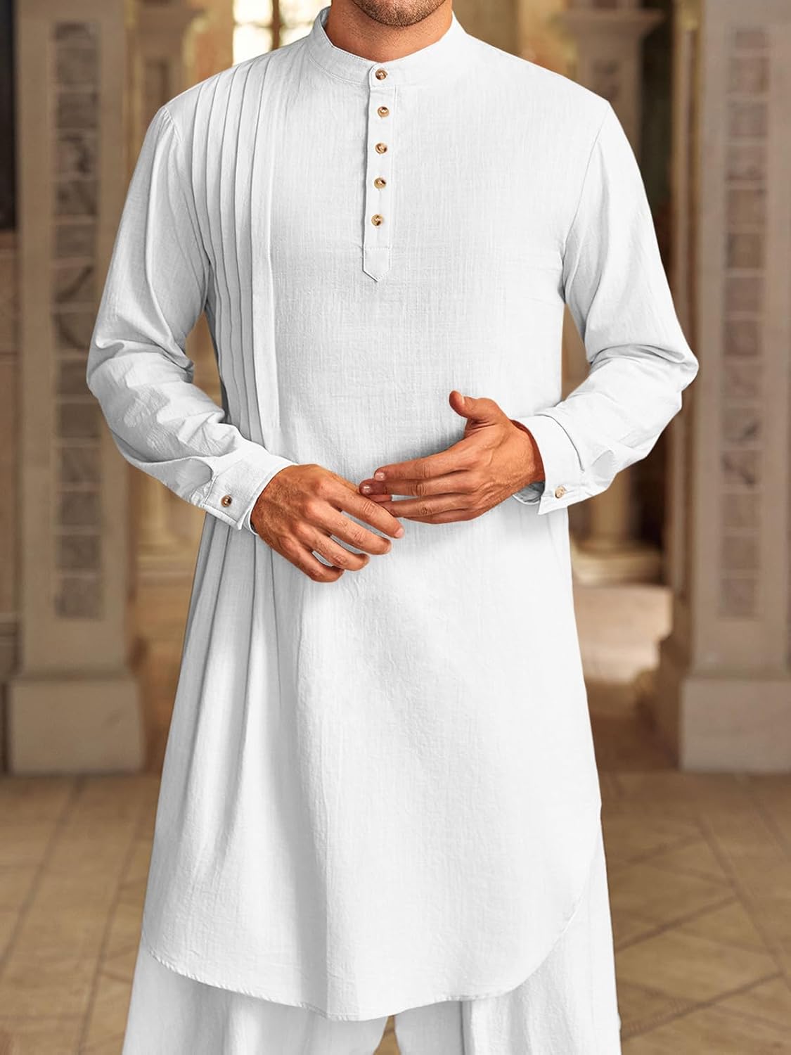 Runcati Mens Kaftan Thobe Cotton Linen Henley Shirt Long Sleeve Robe Casual Muslim Gown Kurta - Image 2