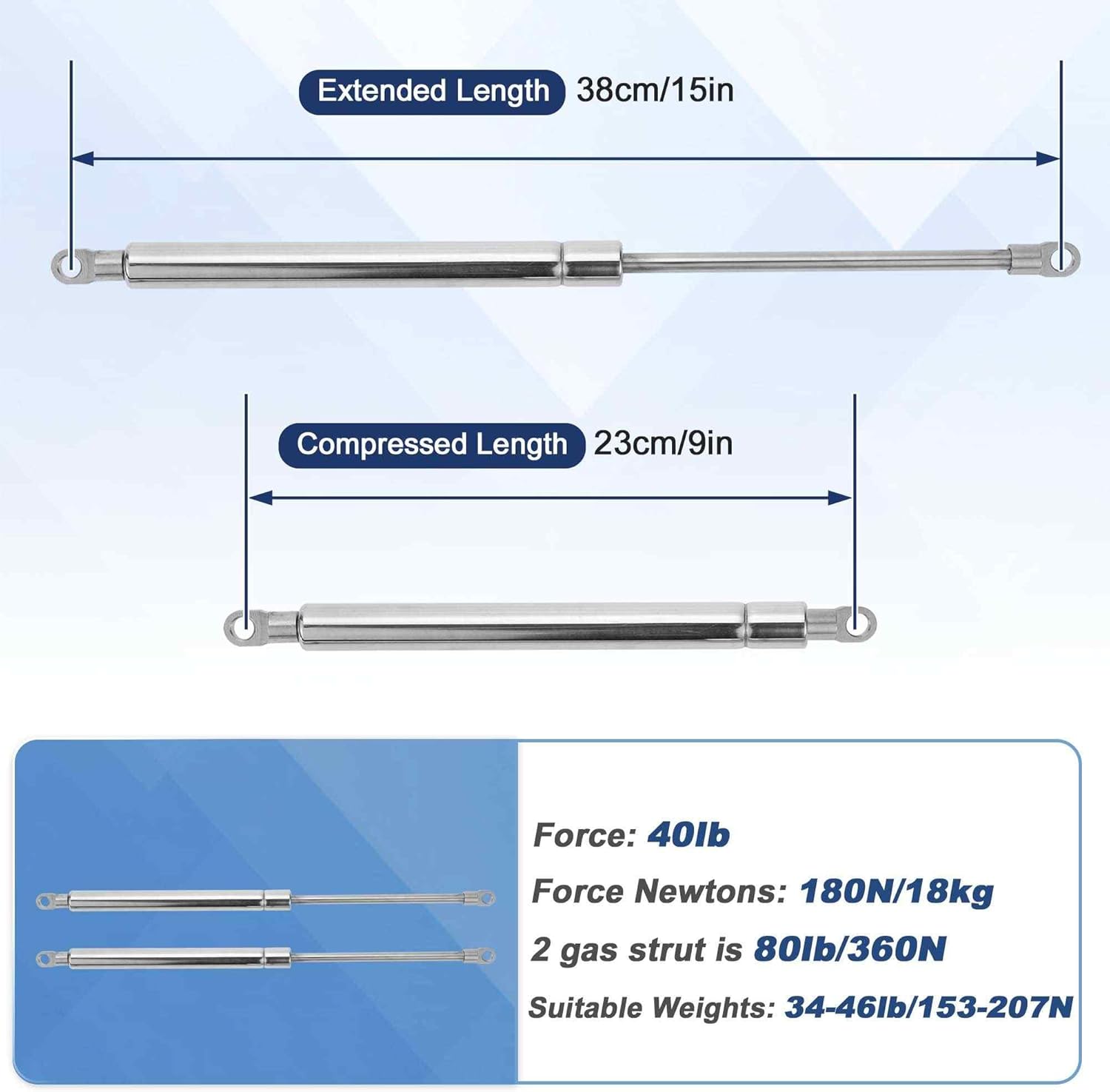 15inch/380mm 40lb/180N/18kg Stainless Steel Gas Struts, 15" Gas Springs Lift Supports for Boat Marine Hatch Cover, 2 Pcs, Metal Ends