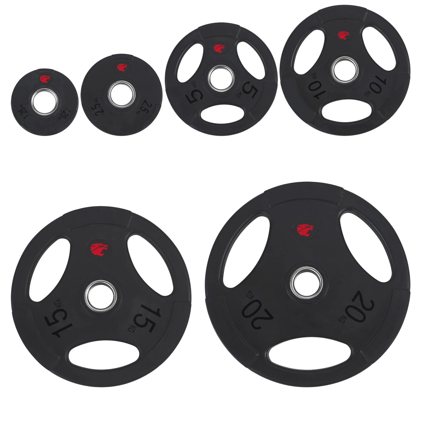 Discos de Peso Olímpicos con 3 Agarres, 105kg Set, 50mm Diámetro Interior, Negro, Goma Profesional