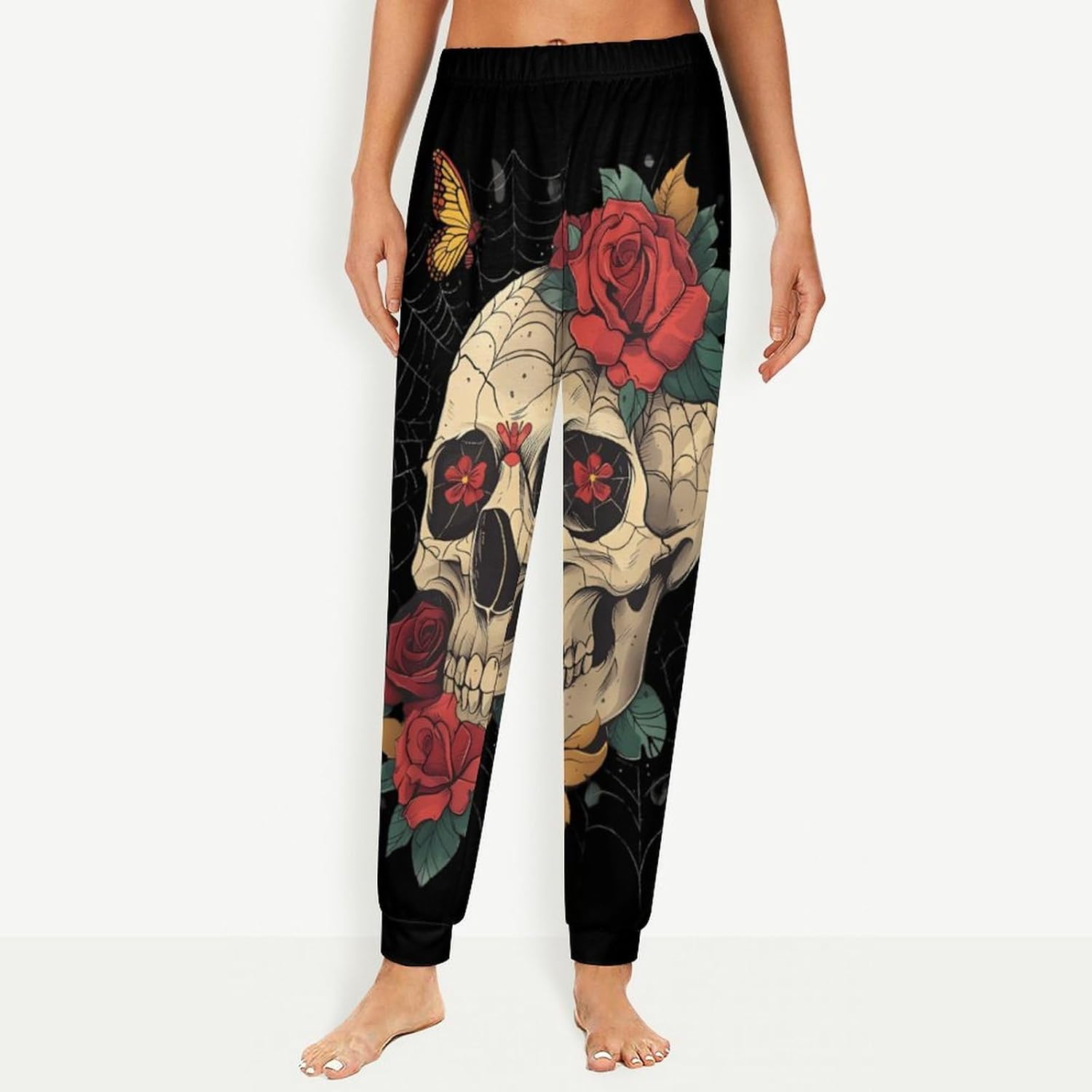 Rose Skull Spider Web Soft Women Pajamas Pants Long Lounge Bottoms Pant Sleepwear Nightwear Pjs