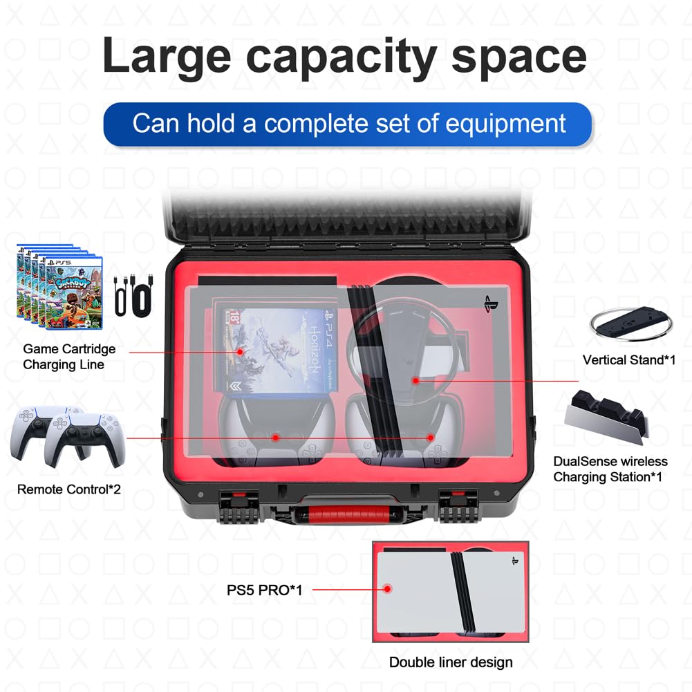AMZLORD for PS5 Pro Hard Carrying Case Waterproof portatile Case di shock Shock Hard Case Anti-scratch for PlayStation 5 Pro Console Controller Controller Game Card