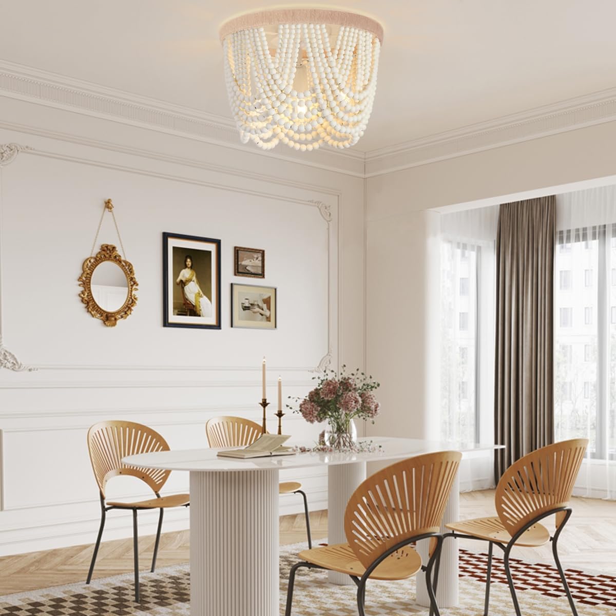 Boho Wood Beaded Chandelier, Flush Mount Ceiling Light,Farmhouse Rustic Jute Wooden Bead Chandeliers Fixture for Drawing Room，Bedroom,Hallway, Entryway,Dining Room(3-Light)