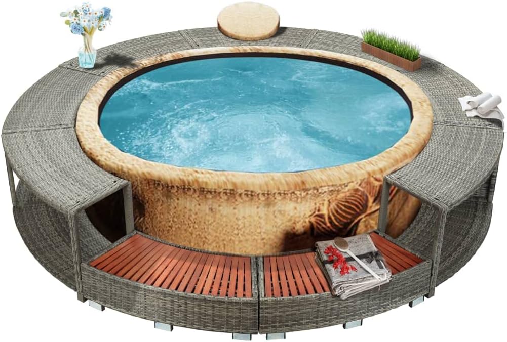 CHARMMA Round Spa Surround, Inflatable Hot Tub Step, Poly Rattan Spa Pool Enclosure with Storage Area, Outdoor Massage Hot Tub Frame for Backyard/Patio, Grey, 111.4 x 111.4 x 21.7