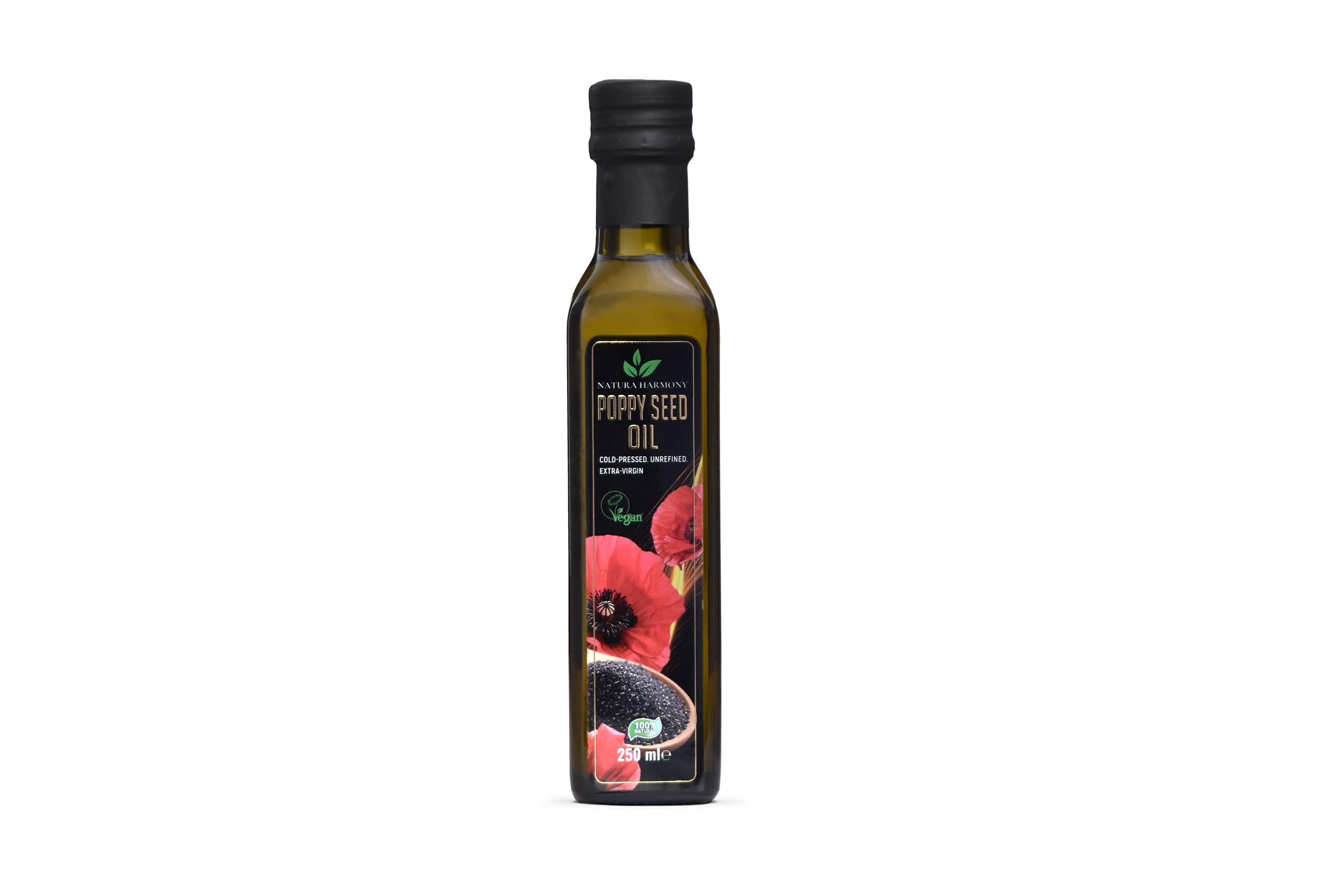 Natura HarmonyPoppy Seed Oil | Cold-Pressed & Unrefined Extra Virgin Edible Oil | Mild, Nutty Flavour for Salads, Baking & Dressings | Vegan | 250 ml Dark Glass Bottle