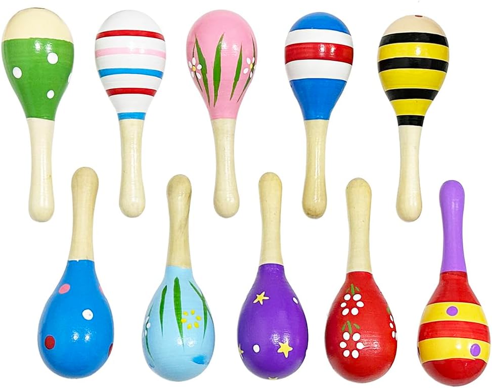 Lovely 10 Pack Kids Colorful Mini Wooden Maracas, Festival Rattles Egg Shaker Noisemaker Party Favors, Baby Shaker Sand Hammer Mexican Theme Birthday Musical Instruments Hand Percussion Toy