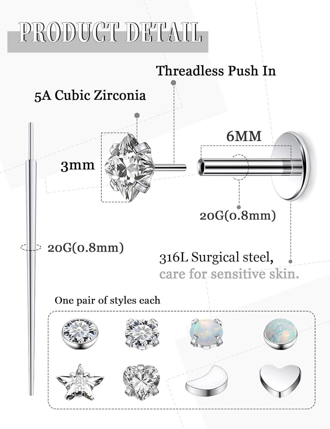 20G 18G 16G Threadless Flat Back Earrings Nose Rings Studs Surgical Stainless Steel Opal CZ Nose Rings Stud Tragus Helix Conch Cartilage Earrings Piercing Jewelry For Women Men Hypoallergenic - Image 2
