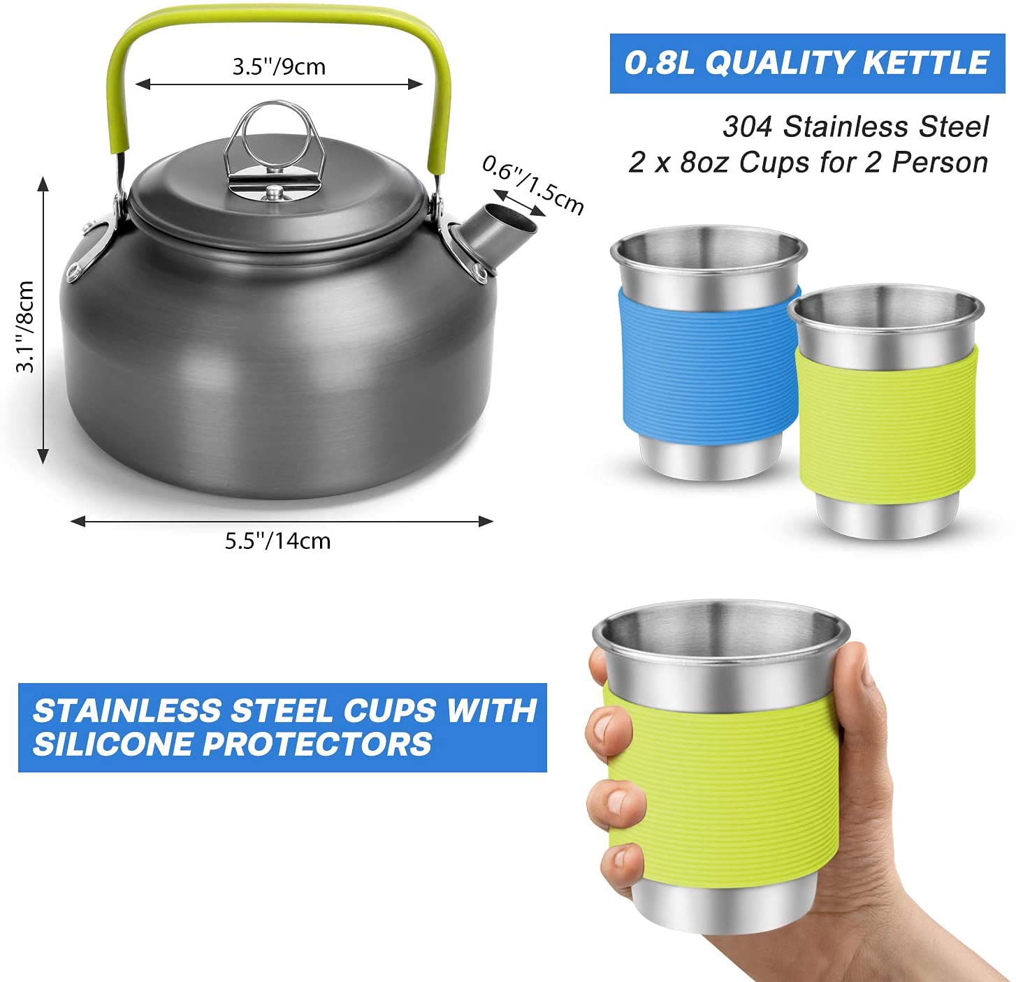 Batterie de cuisine de camping en aluminium anodisé dur pour 2 à 3 personnes, réchaud ultra léger avec casserole, théière et vaisselle en acier inoxydable, kit de cuisine compact pour camping
