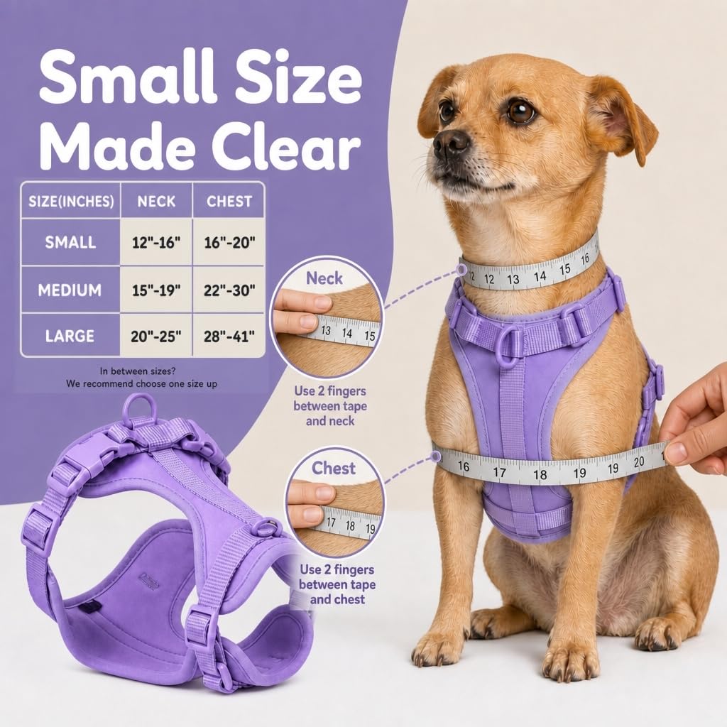 Arnés para perro, arnés para mascotas sin tirones con 3 clips de correa, chaleco acolchado suave ajustable, cojín de malla transpirable para perros pequeños, medianos y grandes (morado, pequeño
