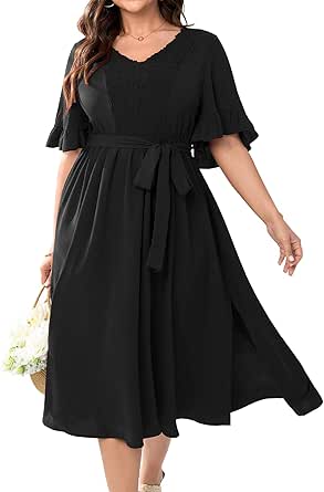 Women's Plus Size Wedding Guest Dress - Midi Length, Square Neck, Short Sleeve, Smocked & Tiered Ruffle (100% Polyester) 14 thumbnail image
