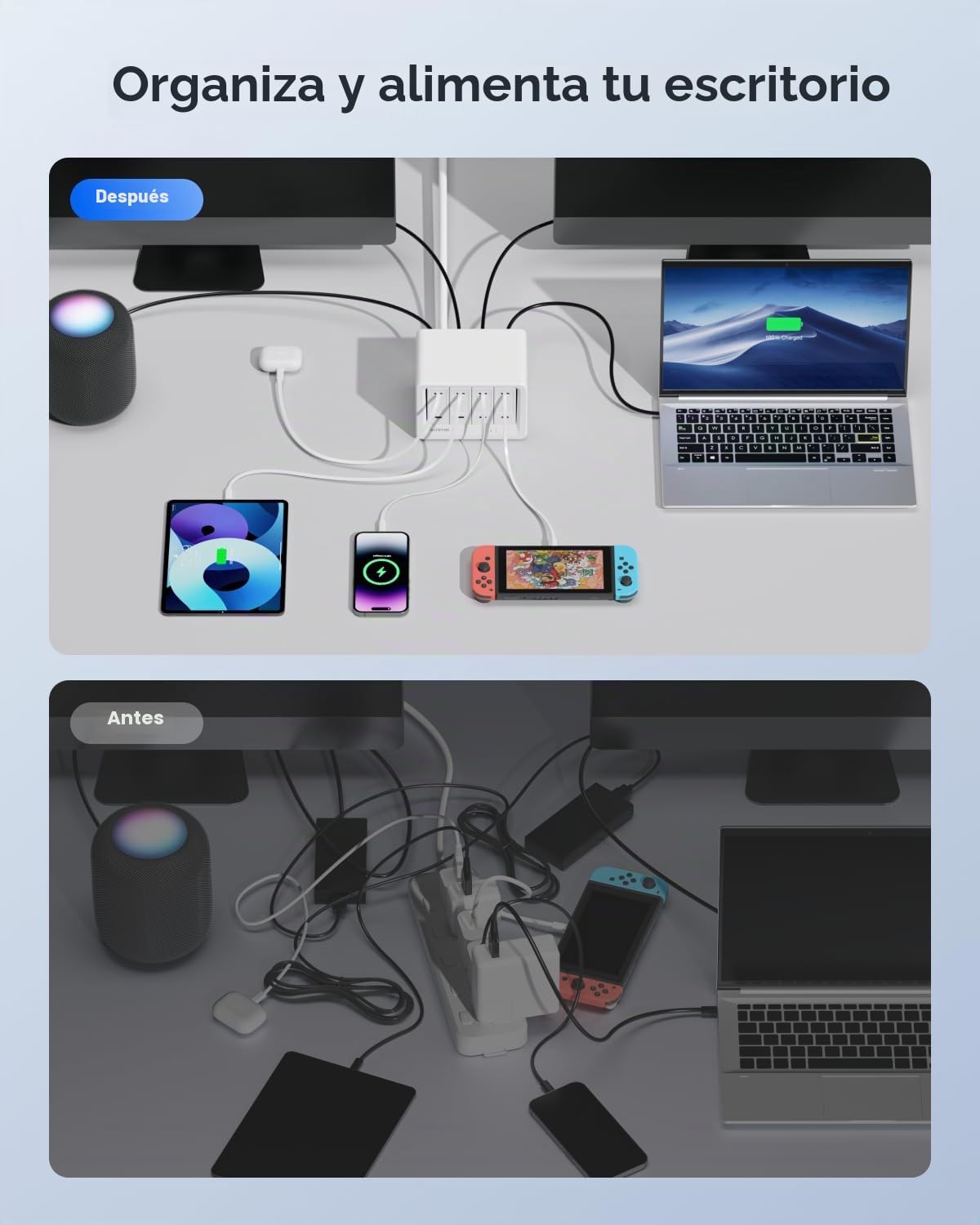 Gitryin Estación de carga de escritorio 12 en 1 con 4 cargadores de pared retráctiles, regleta de alimentación USB-C de 40 W con 4 CA, 4 USB C, 4 cables tipo C de 33.5 pulgadas, cable de extensión con
