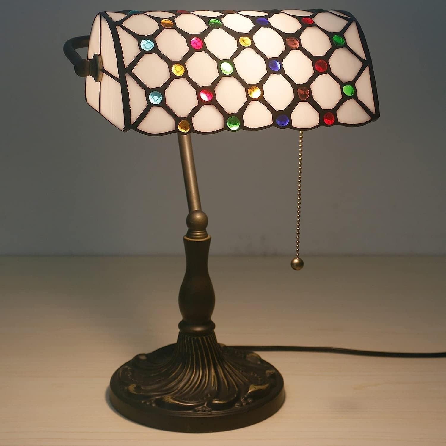 Bankier's Tischlampe, farbige Glaslampe, Kristallperlenschreibtischlampe, Schlafzimmer in der Nacht Leselampe (weißer farbenfroher Glasschatten) Innovate