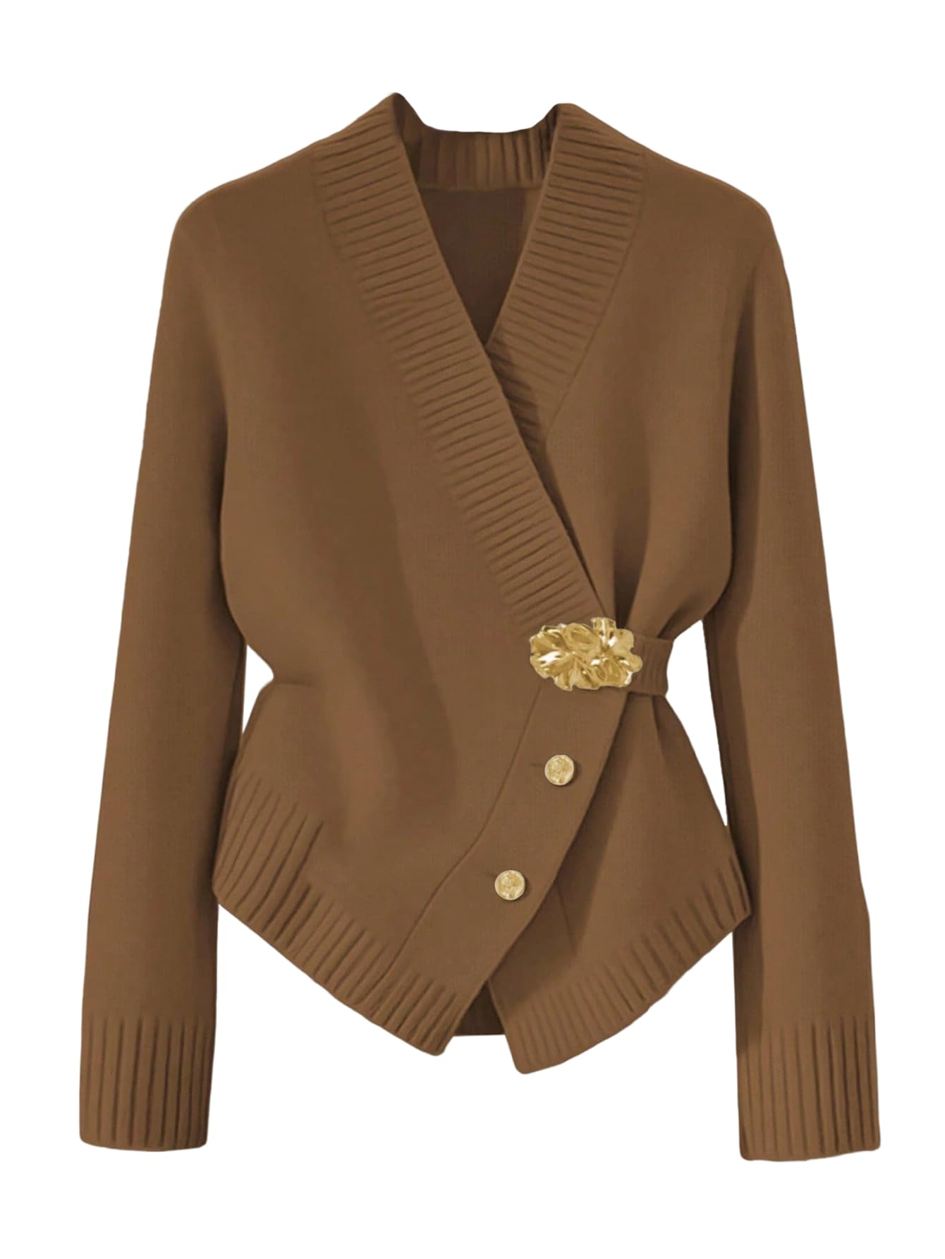 MakeMeChic Womens Metal Button Up Sweaters Cardigan Wrap V Neck Tie Back Long Sleeve Knit Tops