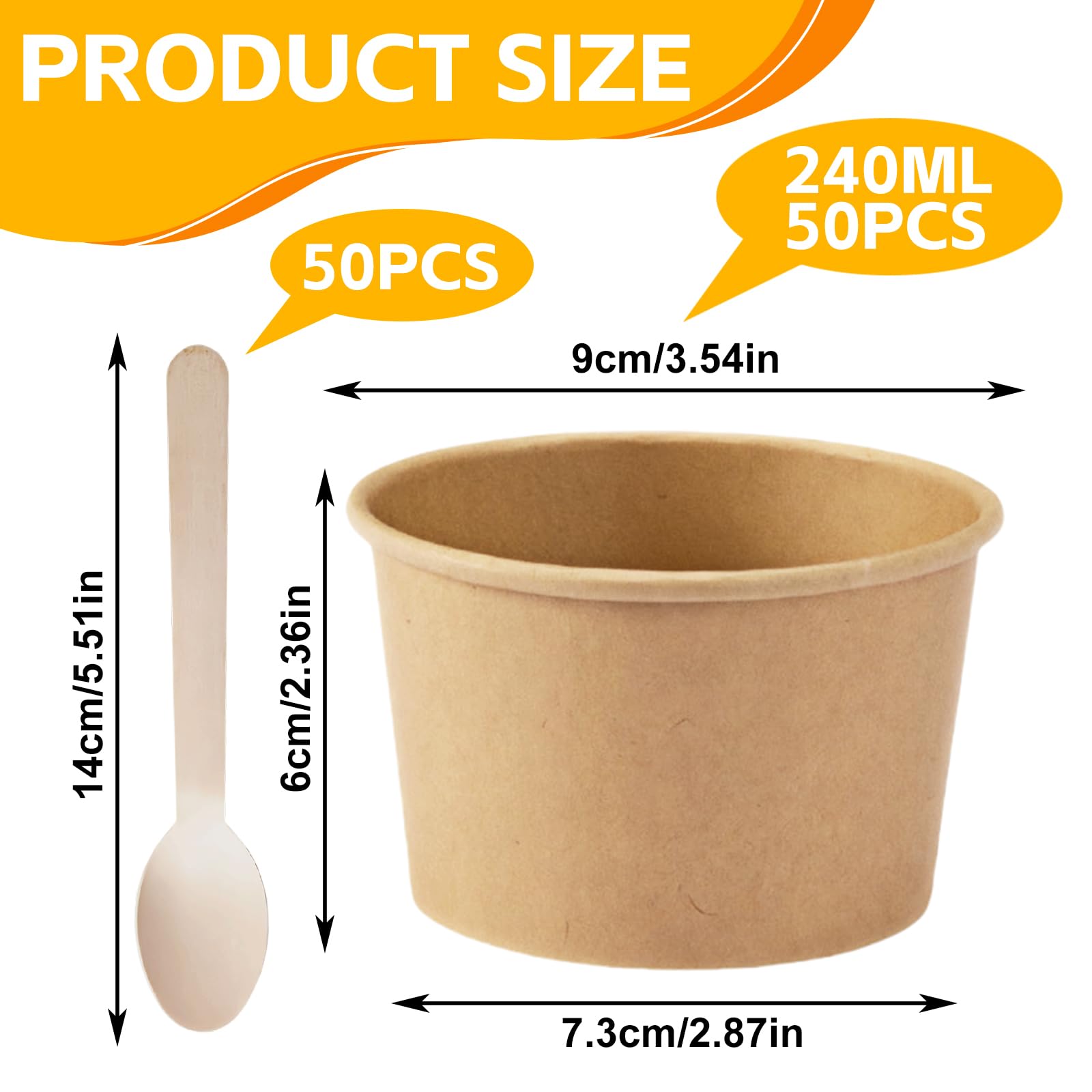 50 vasos de helado universales ecológicos de cartón, 240 ml, de papel con 50 cucharas, helados de cartón, vasos compostables, vasos de papel para helados, postres, comida con dedos