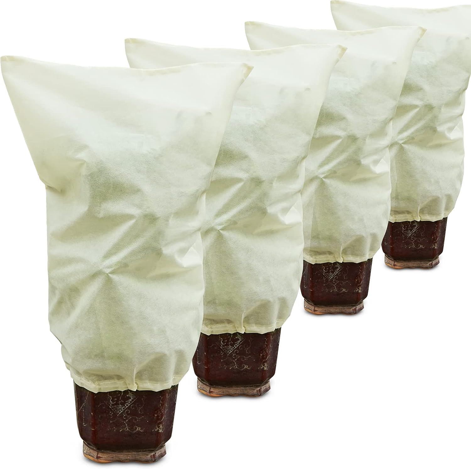 Winterschutz für Pflanzen, 100x120cm Winter Frostschutz KüBelpflanzensack, Winterschutzvlies fur Kübelpflanzen mit Kordelzug,Beige,4PCS