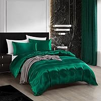 Vista 2 de AiMay Juego de funda de edredón de satén de 3 piezas, juego de ropa de cama de lujo de 1800 hilos, sedoso, súper suave, color sólido, reversible