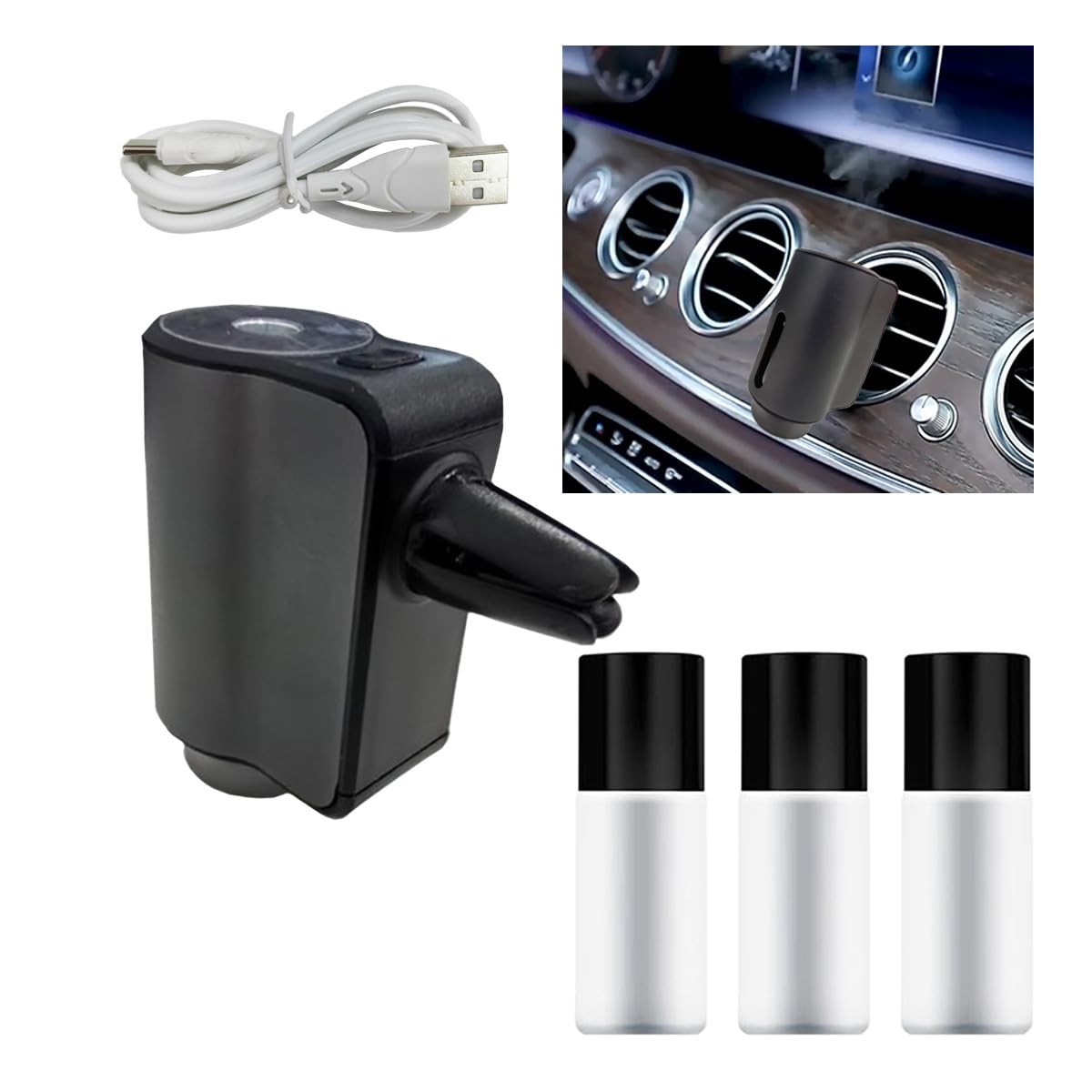 Smart Car Air Freshener Diffuser, Car Air Aroma Diffuser with Three Adjustable Intensity Levels, Rechargeable Intelligent Auto Aroma Diffusers with 3Pcs Empty Bottle (No Essential Oil)