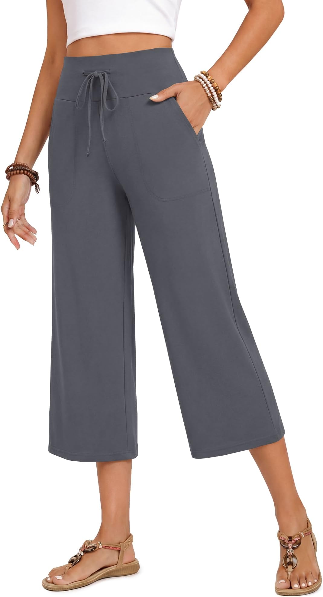 ZOOSIXX Capri Pants for Women - Wide Leg Loose Casual Trousers with Pockets Summer High Waisted Drawstring Pants