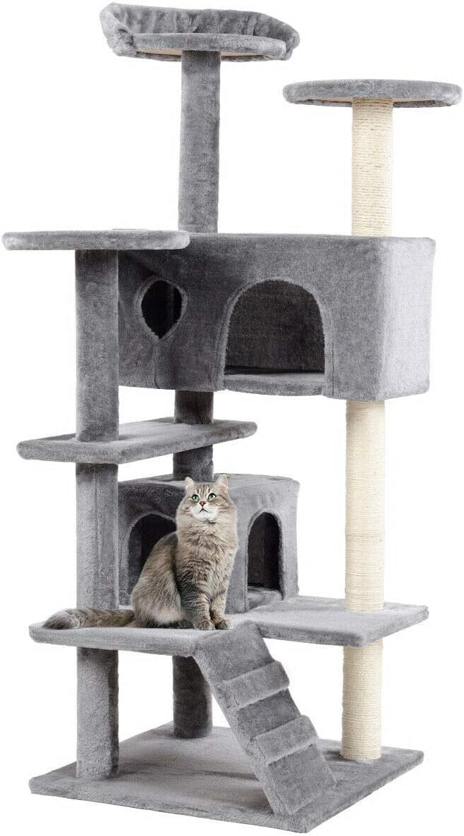 Tangkula Cat Tree, Multi-Level Cat Tree Tower with Scratching Post & Ladder, Pet Furniture Play House Kitten Condo Cat Tower for Kittens, Cats and Pets (52'') (Grey)