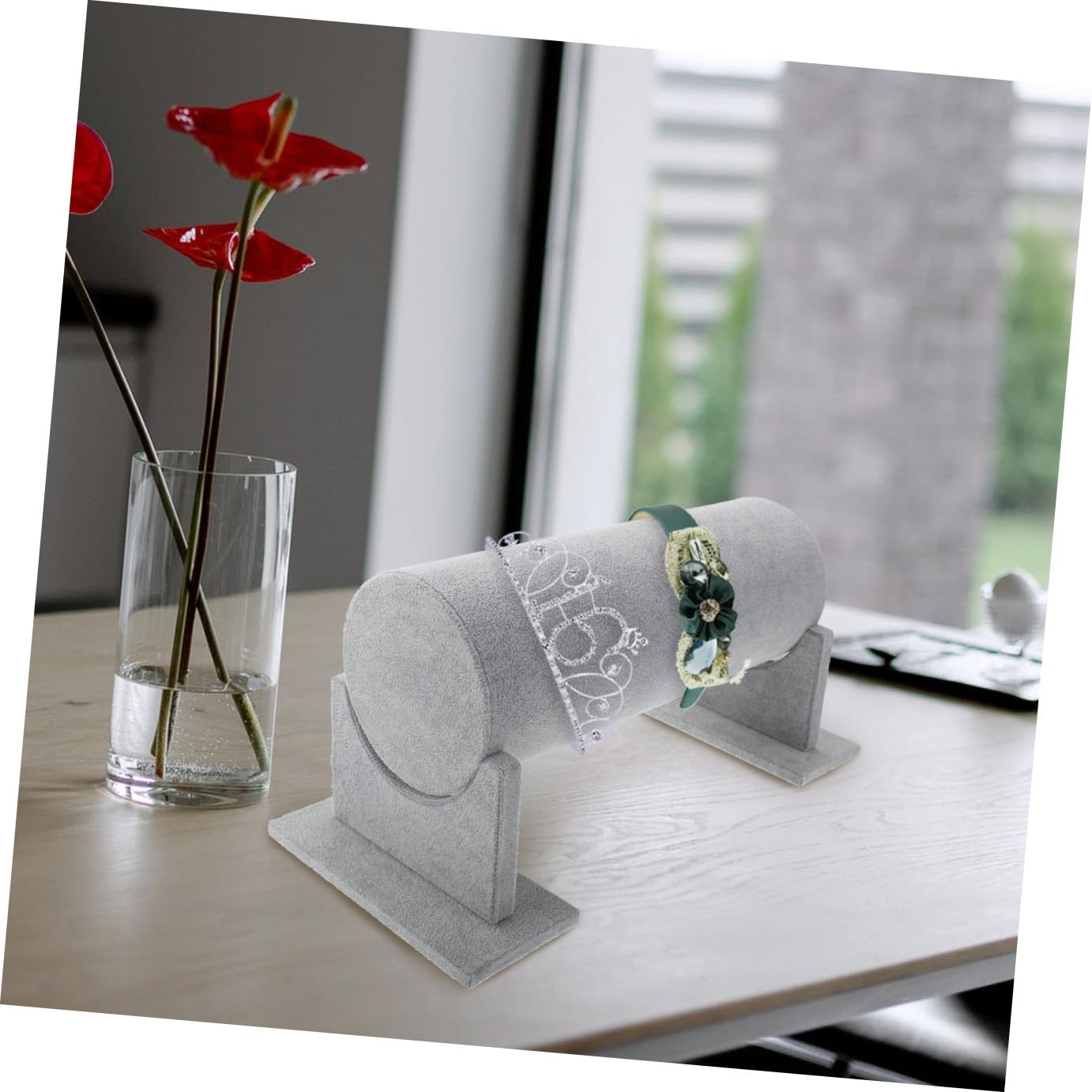 MAGICLULU Haargummihalter und Haarbandständer aus Mdf und Pvc für Damen Stilvoller Organizer zur Aufbewahrung und Präsentation dem Schreibtisch 30x11cm Grau