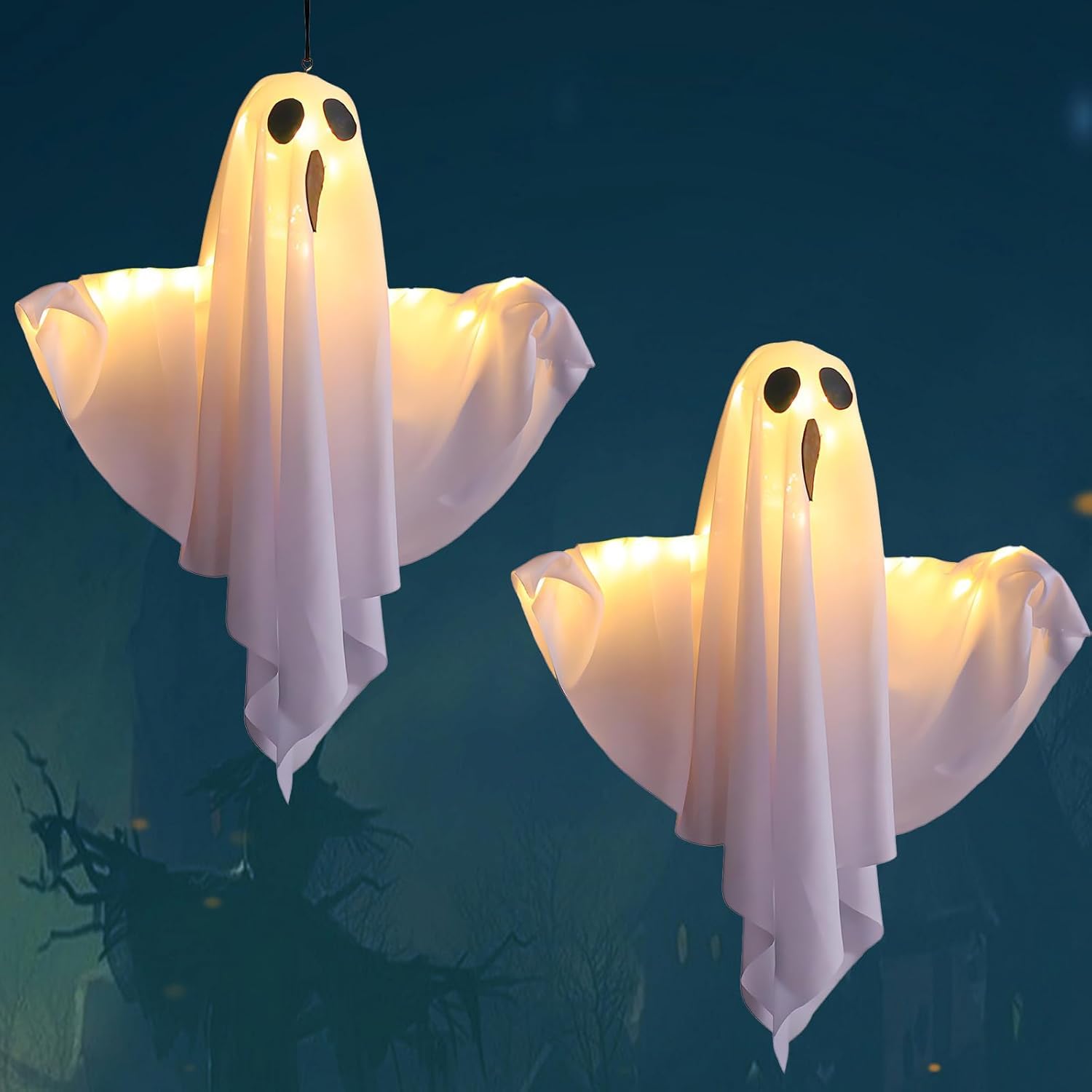 Halloween Ghost Decorations with Lights Halloween Decor Spooky Ghost Ornaments for Home Tree Garden Yard 2Pcs (White)