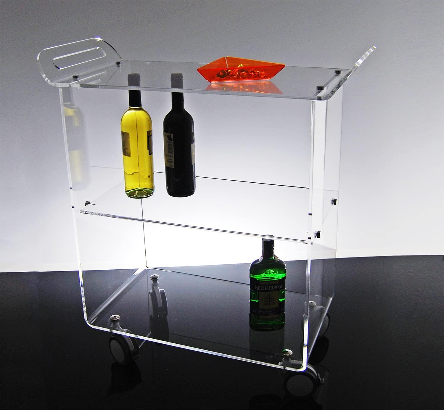 Slato Newman ⎪ Carrello con ruote da Soggiorno, Cucina, Portavivande, Vetrinetta Mobile di design a tre ripiani in cristallo acrilico Made in Italy, cm. L.71 x P.33 x H79
