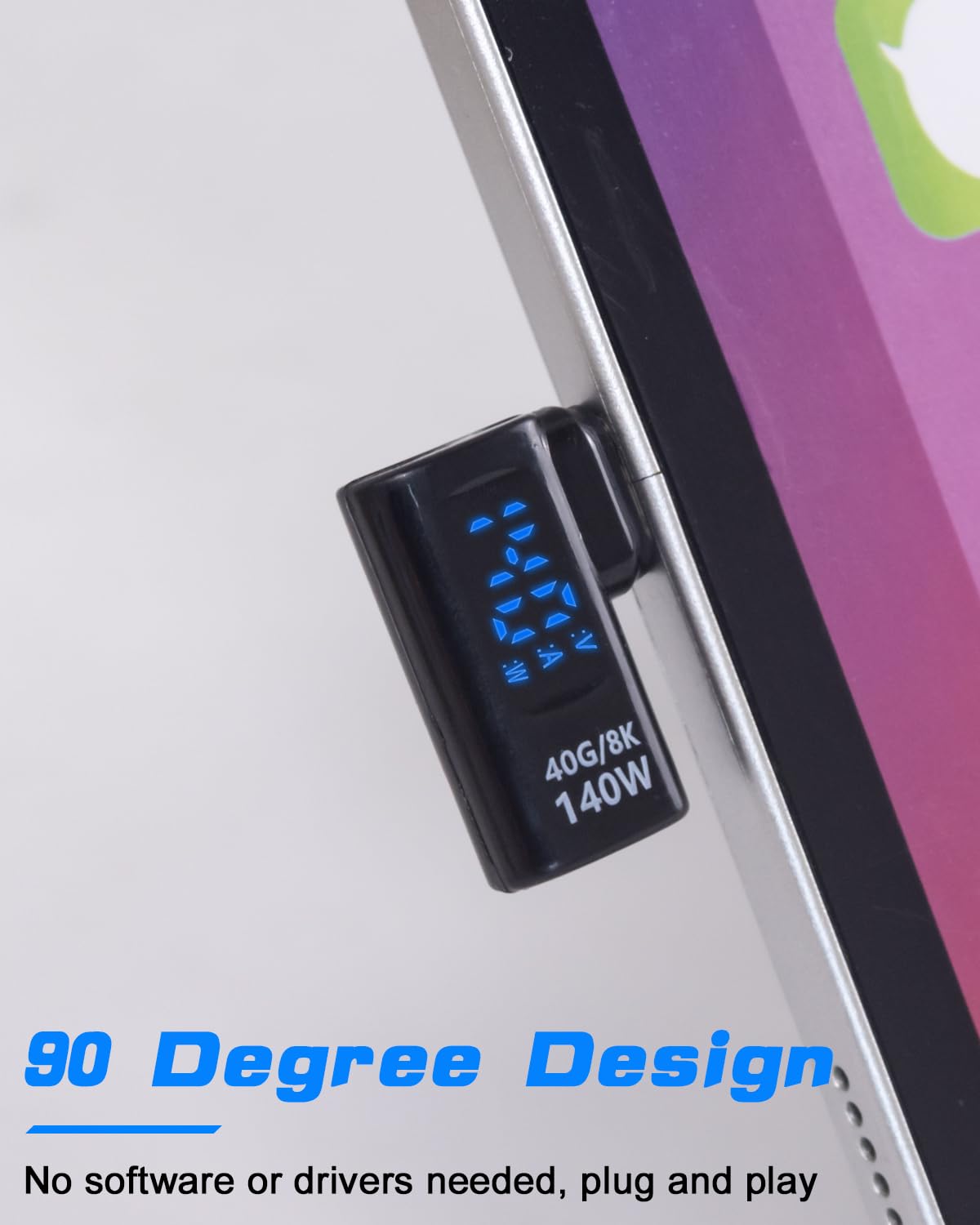 Right Angle USB C Adapter With Digital Display - 140W PD Charging & 40Gbps Data Transfer