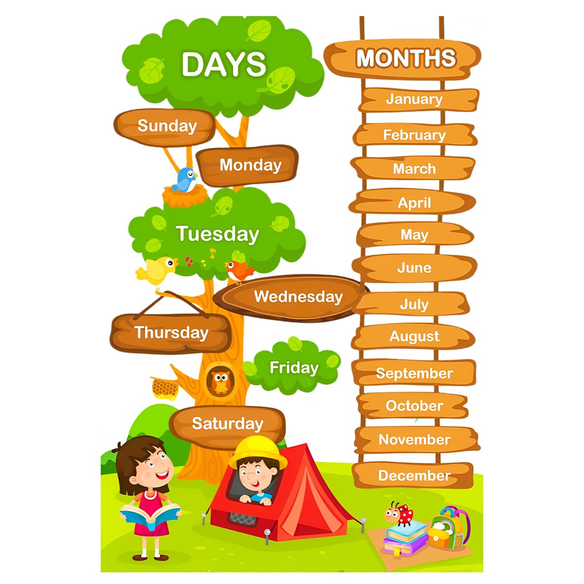 Kids Educational Wall Sticker – Days & Months Learning Chart | Colourful Cartoon Vinyl Wall Decal for Nursery, Kids Room & Classroom