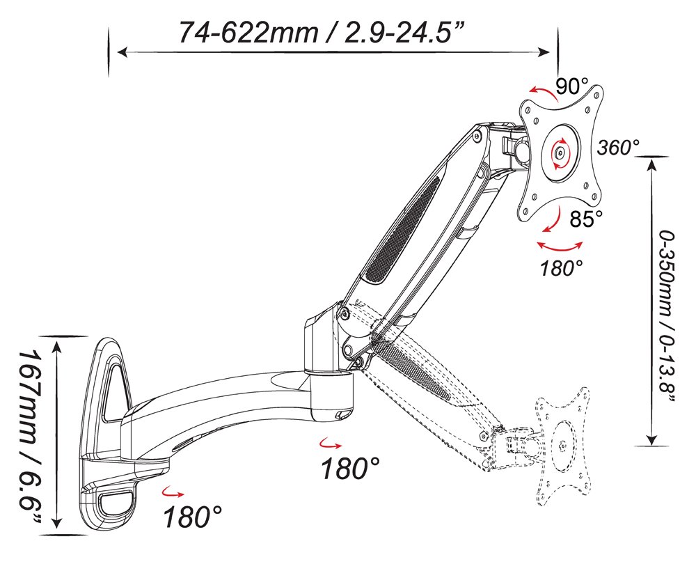 Supporto a parete per TV HFTEK Monitor Staffa a parete con molla a gas 0-8 kg - HF19DB